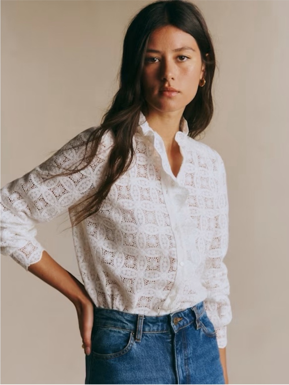 Sezane Chlo Guipure Lace Button Up Blouse White Ecru EU 46 US 14